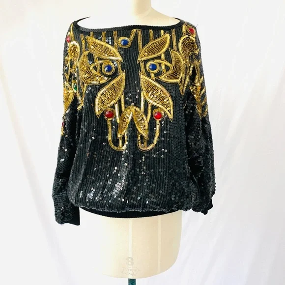 Vintage‎ 80's Silk, Sequin and Rhinestone Creative Creations Disco Glam Blouse - Picture 3 of 14